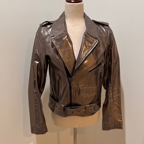 NWT Zara Leather Bronze Metallic Biker Jacket, Size S - Picture 2 of 4